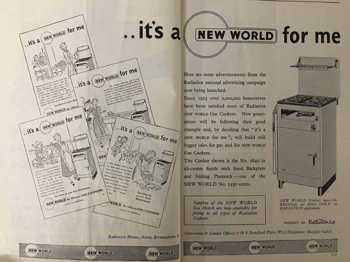 Double page spread advertising gas appliances. "It's a new world for me"