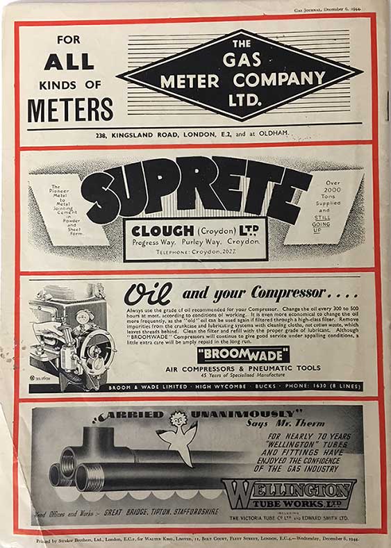 A page of advertisements for products including Suprete metal-to-metal joining cement, and Broomwade Air Compressors