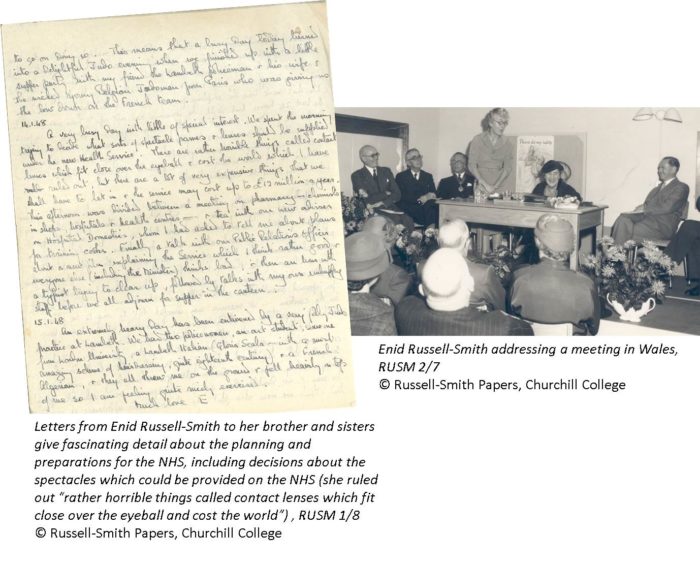 Letter from Enid Russell-Smith about preparations for the NHS, RUSM 1-8. Photo of Enid Russell-Smith addressing a meeting in Wales, RUSM 2-7