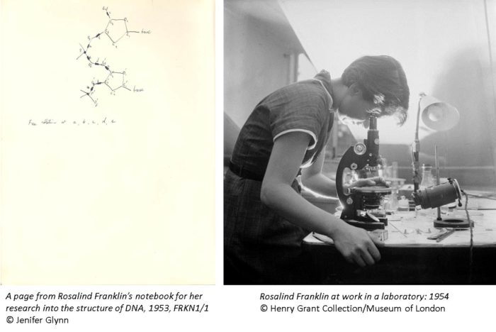 Page from Rosalind Franklin's notebook with a diagram of the structure of DNA,  and photo of Franklin at work in the laboratory using a microscope
