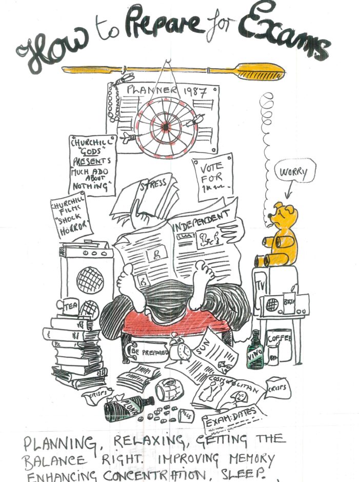 A hand drawn poster titled 'How to prepare for exams'. The image shows a student in their room surrounded by books, newspapers, wine bottles and a variety of other things. There is a 1987 planner hanging on the wall. Underneath the drawing, text reads "Planning, relaxing, getting the balance right, improving memory, enhancing concentration, sleep" 