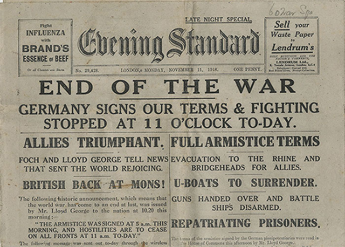 The front page of the Evening Standard newspaper with the headline "End of the War"