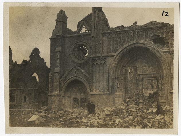 Black and white photograph of a close-up view of the ruins of St Martin's Cathedral