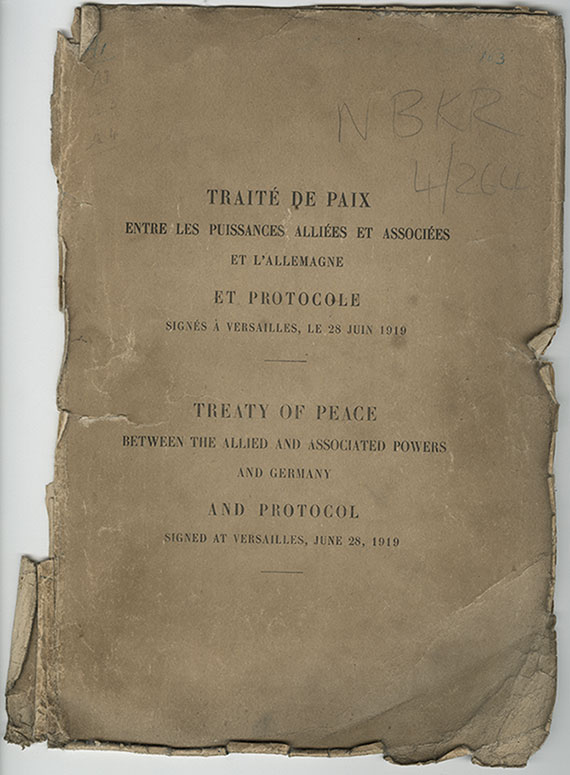 Front page of a copy of the Treaty of Versailles