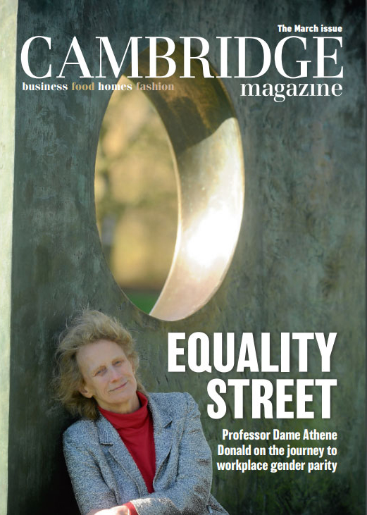 Cover of the Cambridge Magazine March 2018. Athene Donald leans against the Barbara Hepworth sculpture 'Four Square Walk Through'. The lead story on the cover is 'Equality Street: Professor Dame Athene Donald on the journey to workplace gender parity'