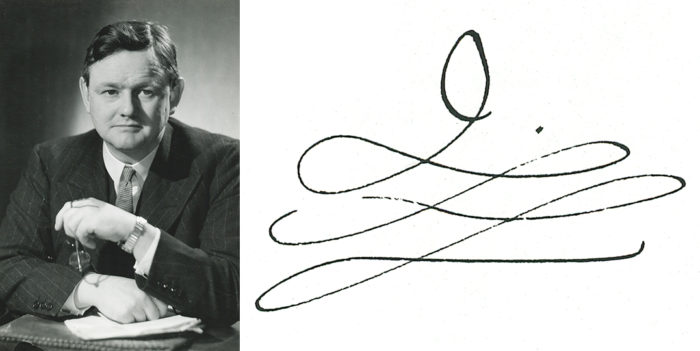 A black and white photo of Quintin Hogg, and his signed "Q" which tails off in a series of long horizontal loops underneath