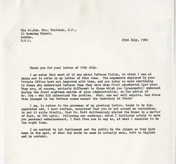 Typewritten letter from Baron Hill-Norton to Margaret Thatcher