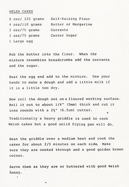 A typewritten recipe for Neil Kinnock's welsh cakes