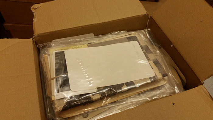 A cardboard box filled with papers, which are inside transparent plastic wallets