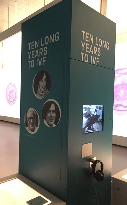 A pillar in the Science Museum exhibition.  On the two sides facing the camera, the heading "Ten Long Years to IVF" , pictures of 