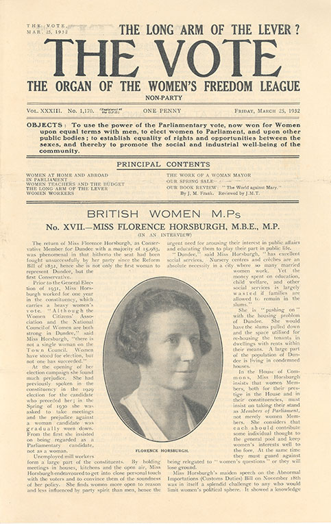 The front page of the newspaper 'The vote: the organ of the Women's Freedom League", featuring an interview with Florence Horsbrugh and a black and white photograph.