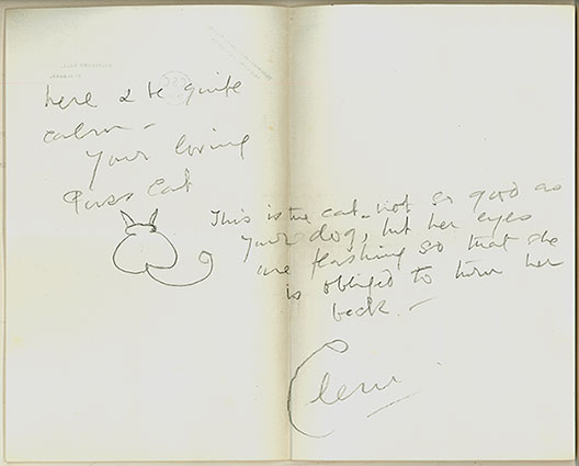 The end of a letter from Clementine to Winston. It is signed "Your loving Puss Cat" with a small line drawing of a cat