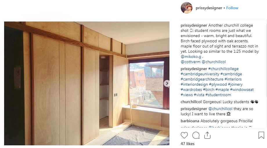 A screenshot from @PrissyDesigner's Instagram. A photo of the interior of one of the rooms under construction, with the caption "Another Churchill College shot : rooms are just what we envisioned - warm, bright and beautiful. Birch-faced plywood with oak accents. Maple flooring out of site and terrazo not in yet. Looking so similar to 1:25 model by @mikoko.g