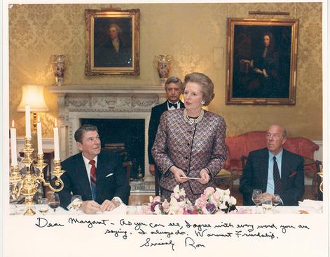 Margaret Thatcher speaking at a dinner with Ronald Reagan
