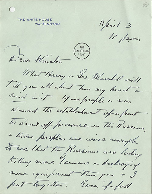Handwritten letter from President Roosevelt to Winston Churchill