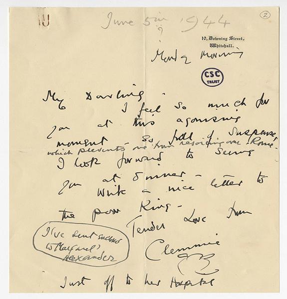 Handwritten note from Clementine to Winston Churchill, which begins: "My darling, I feel so much for you at this agonising moment."