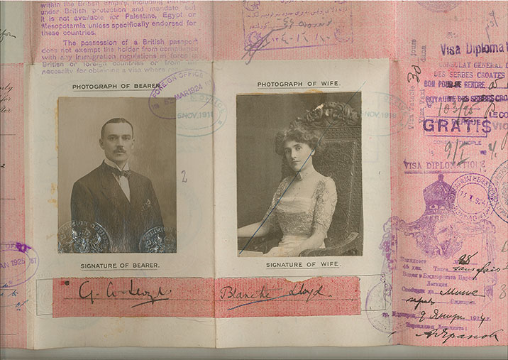 A passport containing black and white photos of George and Blanche Lloyds