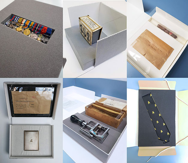 A collage showing 6 different artefacts held in the Churchill Archives Centre