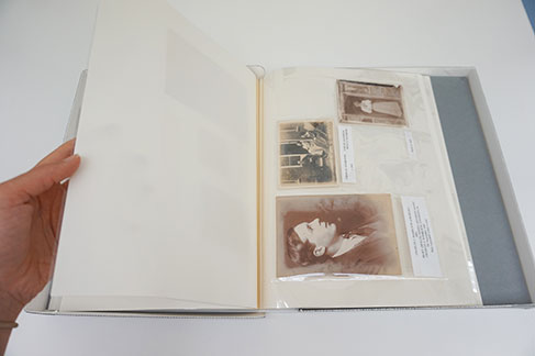 The same three photographs on a newly made fascicule. The layout of the original has been preserved, and each photograph is protected in a polyester sleeve.