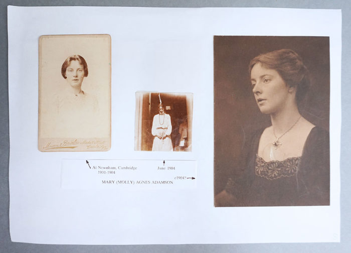 A page from the Agnes Hamilton scrapbook. Three photographs have been stuck onto an A4 sheet of white paper, onto which the captions have been printed and arrows have been hand drawn.