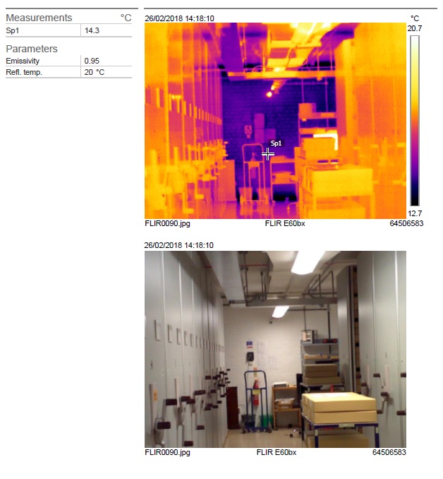 A thermal image and a photograph of the West wall of the strongroom. The wall is showing as purple and blue on the thermal image, compared to the yellows and oranges of the rolling stacks.