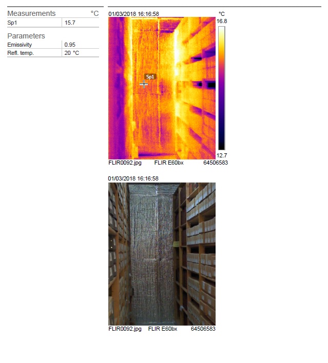 A thermal image and a photograph of an area of the rolling stacks where insulation has been applied to the wall. The colours on the thermal image are mostly yellow and orange.