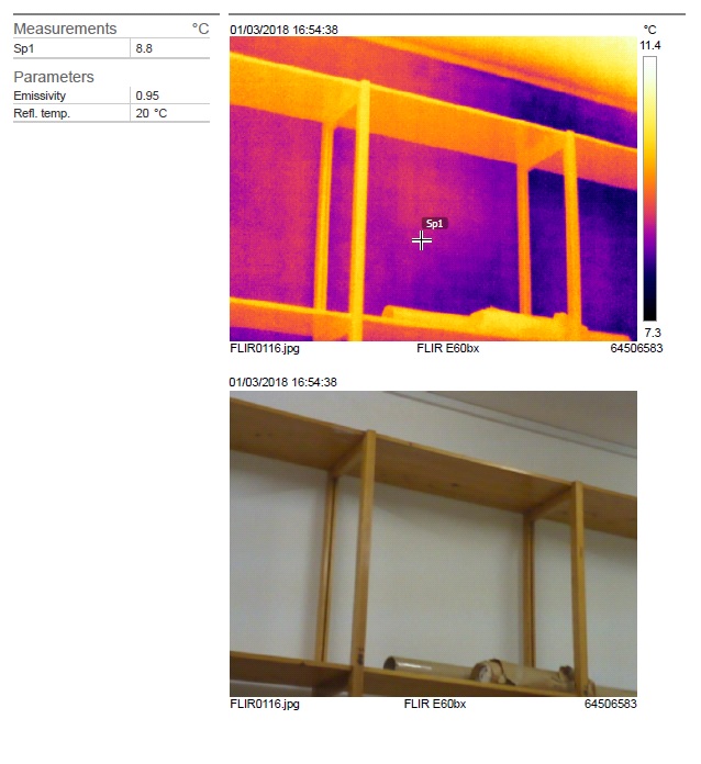 A thermal image and a photograph of shelves and the wall behind them in the old sorting room. The wall is purple on the thermal image