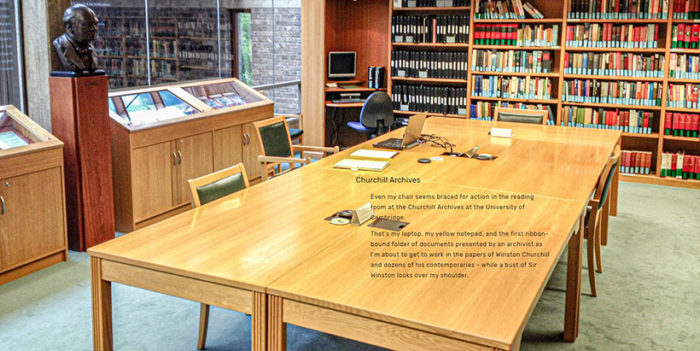 A photo of the Churchill Archives Centre reading room. Superimposed on the image is the text in the caption below.