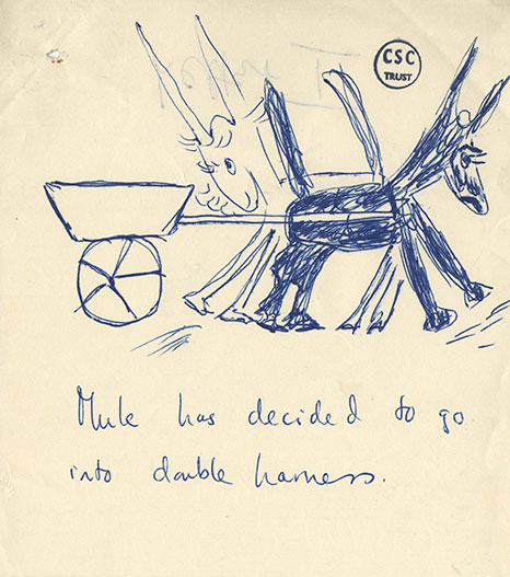 Sketch of two mules pulling a card with a note underneath "Mule has decided to go into double harness"