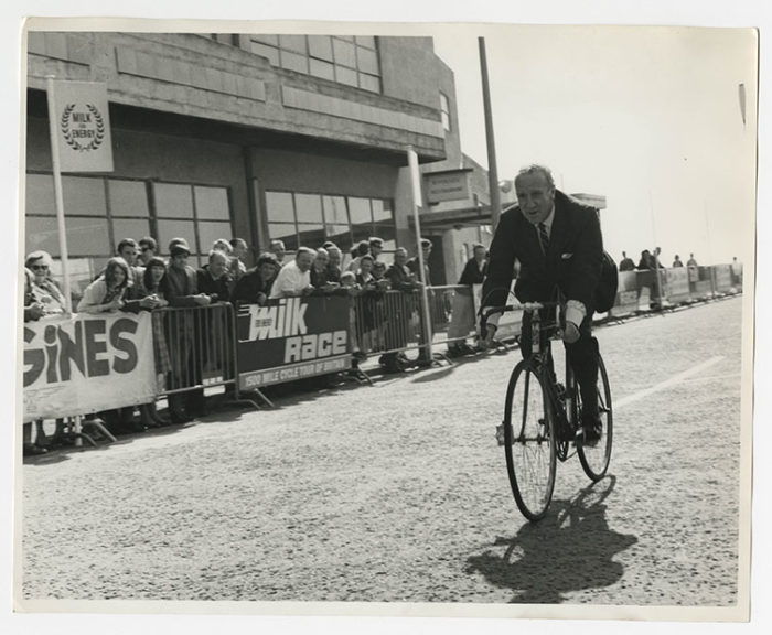 Ernest Marples riding a bicycle