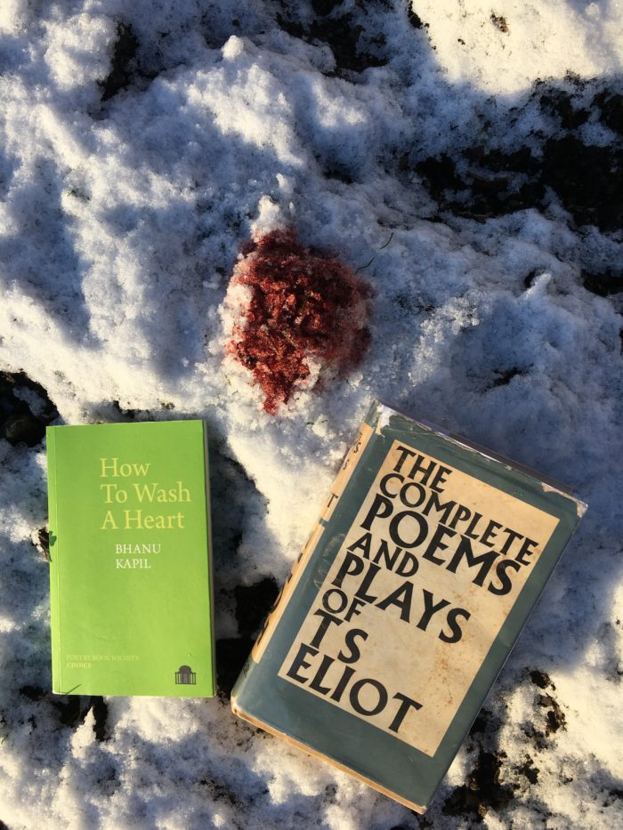 Two books laying on snowy ground "How to Wash a Heart" by Bhanu Khapil, and "The Complete Poems and Plays" by T.S. Eliot. A red patch stains the snow beside the books.