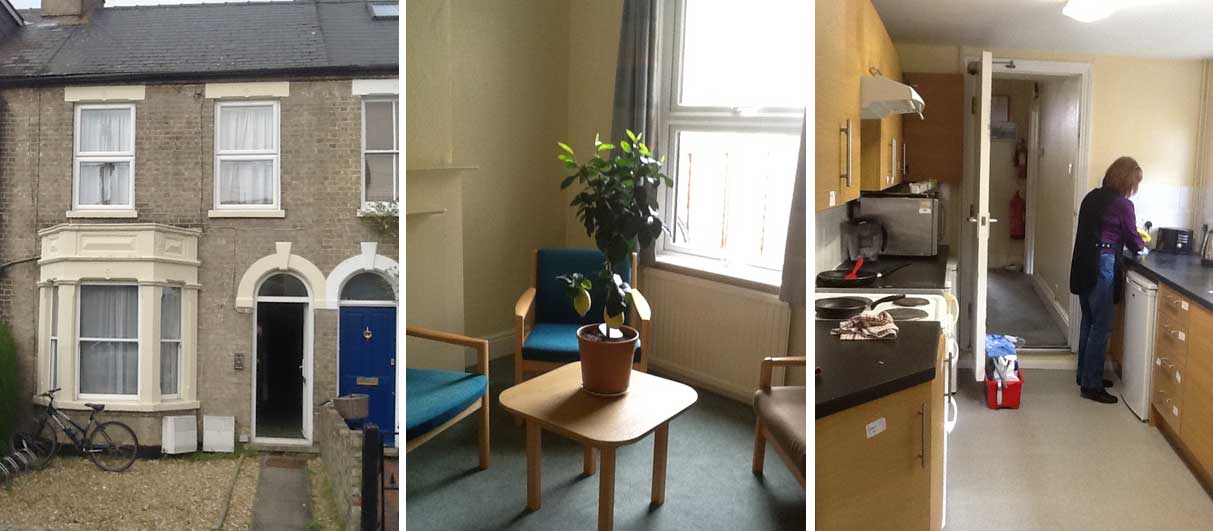Collage of three photos of 39 Oxford Road. The photo on the left is an exterior view of the two storey house. A path leads to the front door and there is a gravelled area where a bike is parked. The centre photo is of a shared living space, where three chairs are grouped around a coffee table with a pot plant on it. On the right is a kitchen with a hob, oven, microwave, kettle, and dishwasher. A member of housekeeping staff is cleaning the counter.