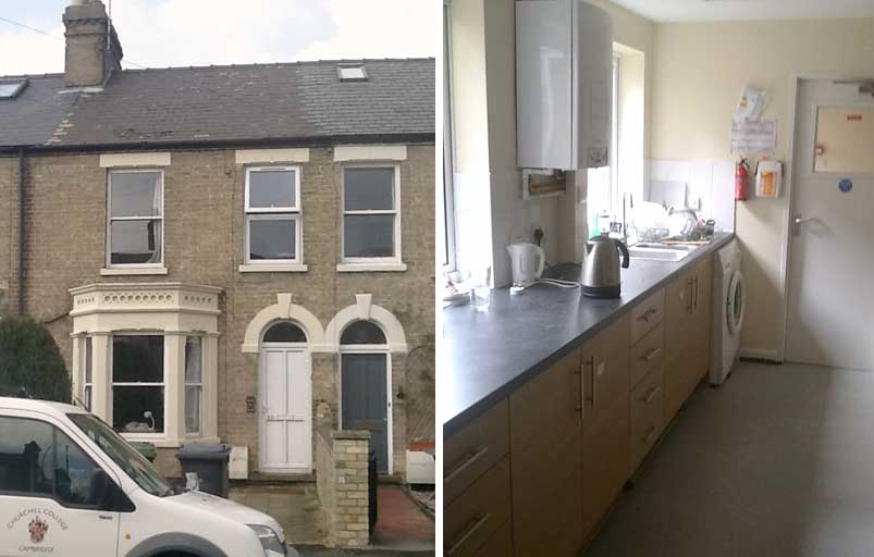 Collage of 53 Oxford Road. On the left is an exterior view of the front of the two storey house. Outside the front door there is a paved area where wheelie bins are stored. On the right is a photo of the kitchen, with washing machine, sink, kettle. There are drawers and cupboards underneath the counter top, and there is a boiler on the wall.