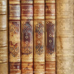 Close up on book spines from the Maisonneuve Collection. The books are bound in brown and buff leather.