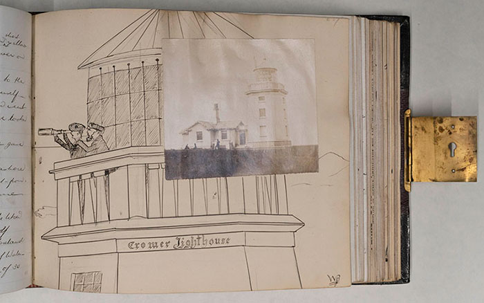 Sketch and photograph of Cromer lighthouse in the diary of William Bull