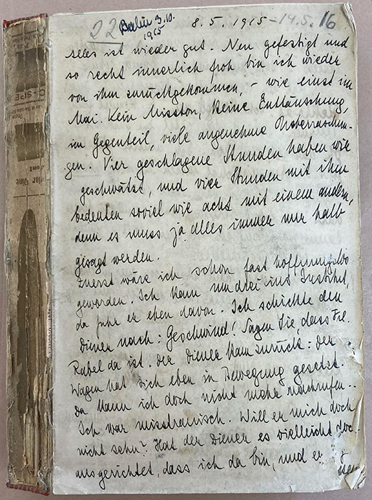 Rabel’s handwritten diary covering 8 May 1915 to 14 May 1916, without a cover