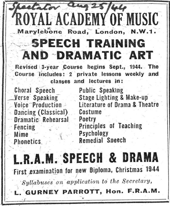 Cutting of an advert from the Royal Academy of Music, 1944, offering classes in speech training and dramatic art