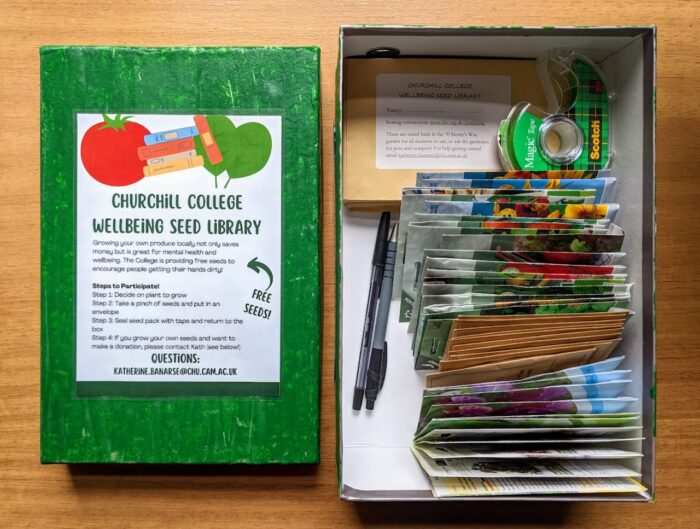 A box containing seed packets, empty envelopes, pens and sellotape. On the lid are instructions for getting started with gardening in College