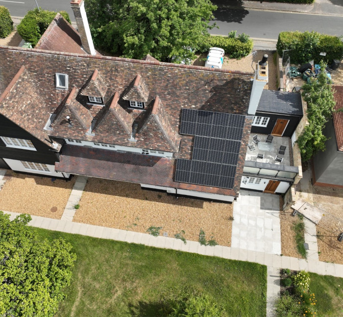 An aerial view of solar panels at Churchill College