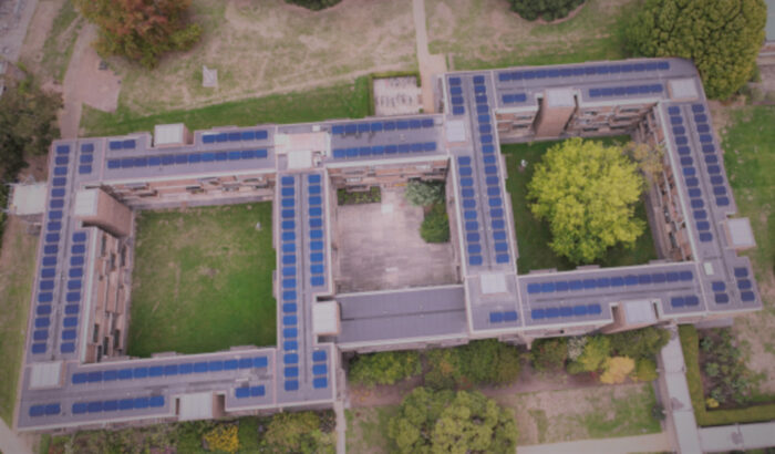 An aerial view of the North Court solar array at Churchill College
