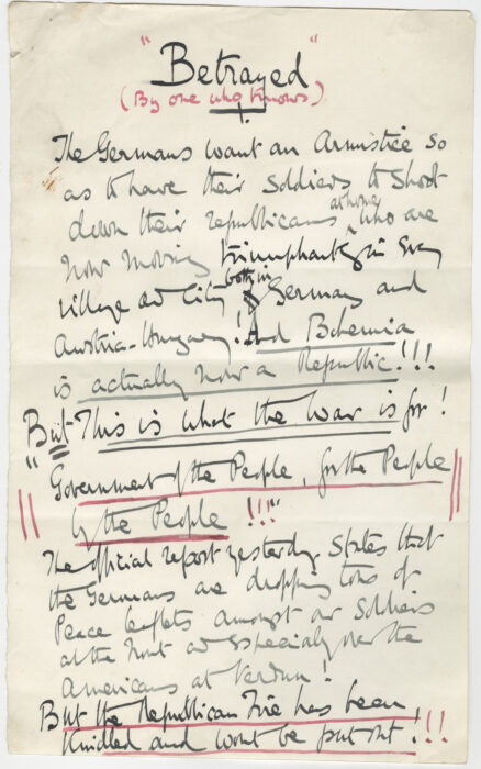 First page of a letter from Admiral Lord John “Jackie” Fisher to written to George Lambert on 31 Oct 1918, arguing against an armistice with Germany.