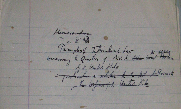 Handwritten title from Hersch Lauterpacht's memorandum on US aid to the Allies, 1941