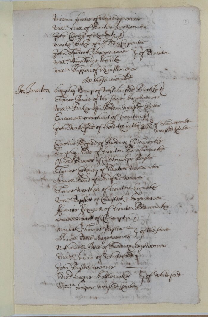 17th century list of rebels from the Monmouth Rebellion