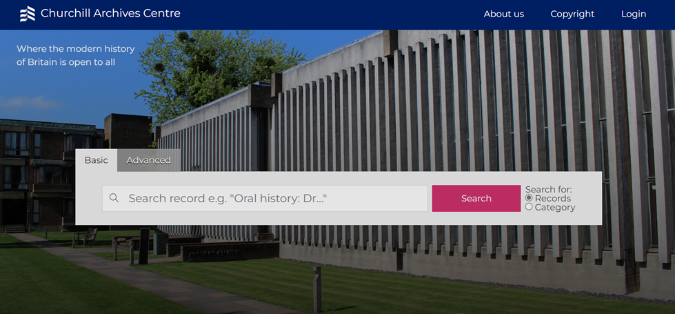 A screenshot of the Churchill Archives Centre new Access Portal featuring a photo of the outside of the building with a search bar across it.