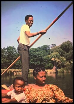 Njabulo Ndebele (U73) punting on the Cam with his wife, Mpho, and son, Makhaola