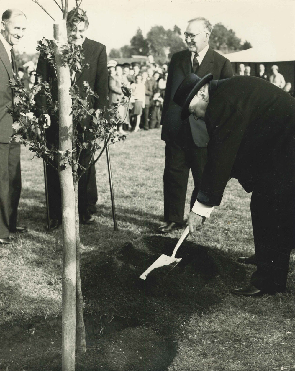 A man in a suit and hat shovels soil around a newly planted tree as three other men in suits observe. A crowd in the background watches the event. The scene takes place in an outdoor grassy area.