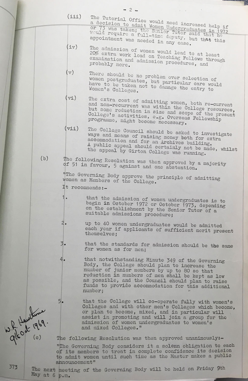 Page of typed minutes from an Oxford college meeting in 1969, discussing the potential admission of women undergraduates. Includes handwritten note by W.R. Hawthorne. Mentions efforts to review regulations and principles of admitting women.