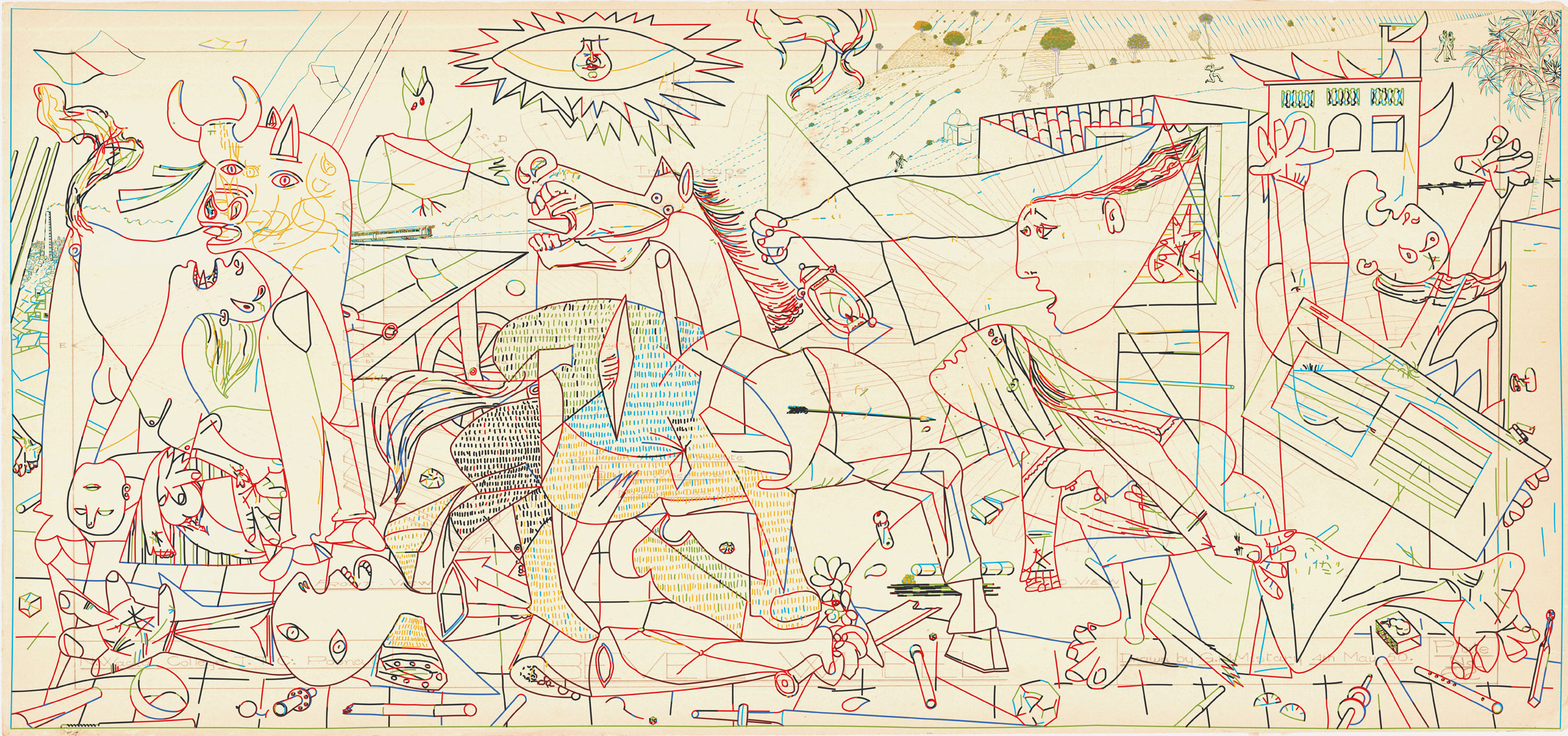 Abstract drawing, part of Picasso's work developing Guernica. Features chaotic figures of animals and people, interspersed with geometric lines and shapes. The eye with a light bulb at the top center adds emphasis to the surreal composition.