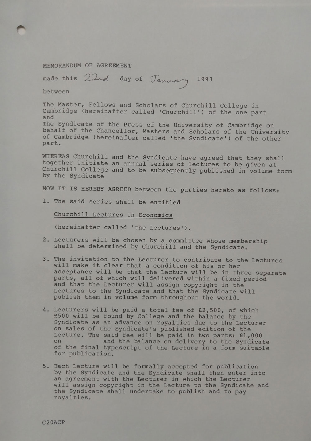 A typed memorandum of agreement from January 22, 1993, detailing an arrangement between Churchill College and the University of Cambridge for a series of lectures in economics. The agreement outlines obligations and terms for both parties.