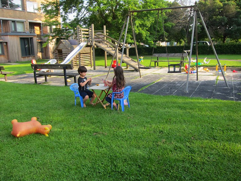 Two children sit at a small table on a grassy area near a playground with slides and swings. They are surrounded by colorful toys, and large trees are visible in the background.